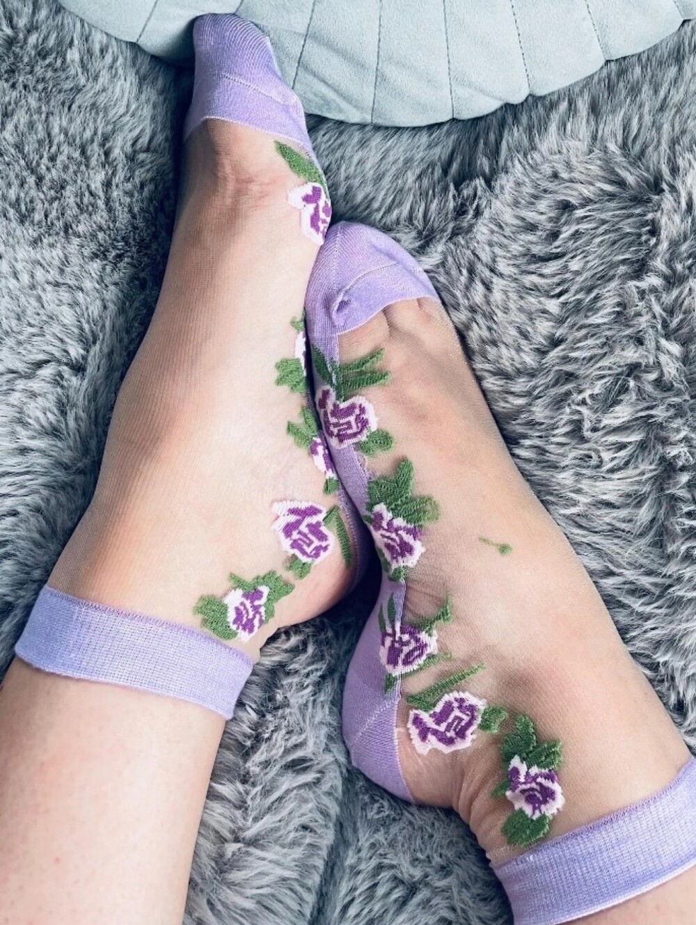 Purple Lace Ankle Socks: Sheer Nylon Flower Print